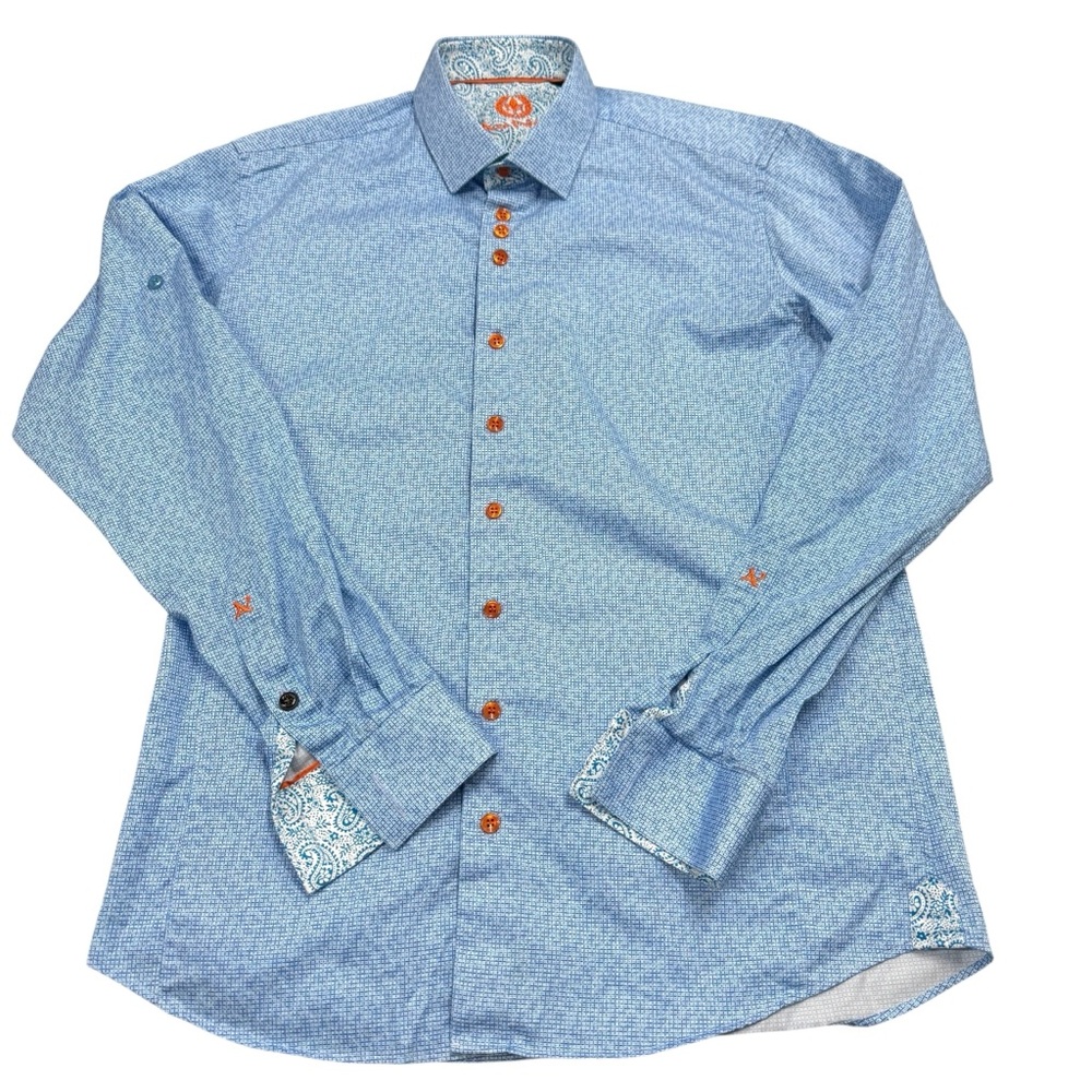 Au Noir Button Up Shirt Mens Medium Blue‎ Print Flip Cuff Links needed Size 3